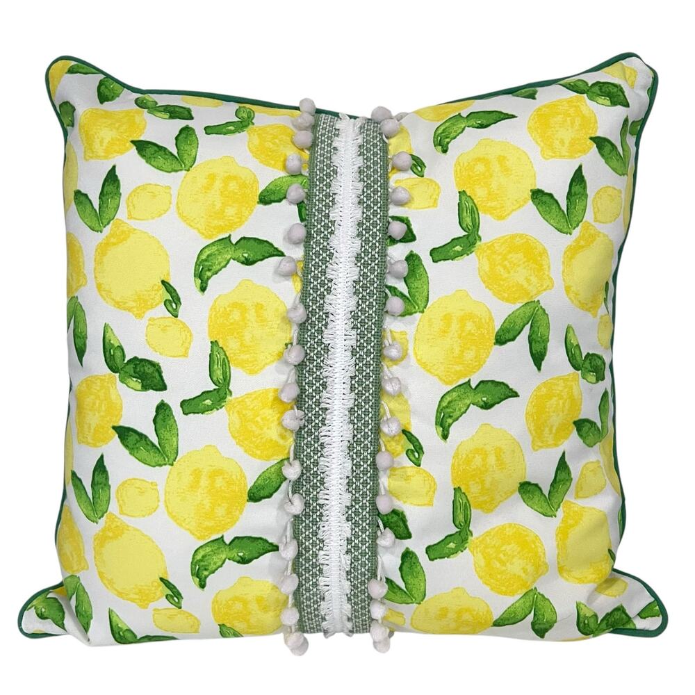 Studio 773 Outdoor Pillow Lemons Knowles Ball Trim Decorative Yellow Green 19”